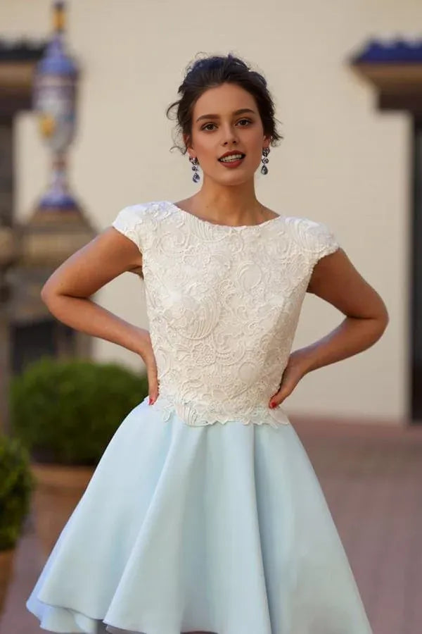 Robe de soirée Weitese en mousseline bleu clair, longueur genou, avec appliqués